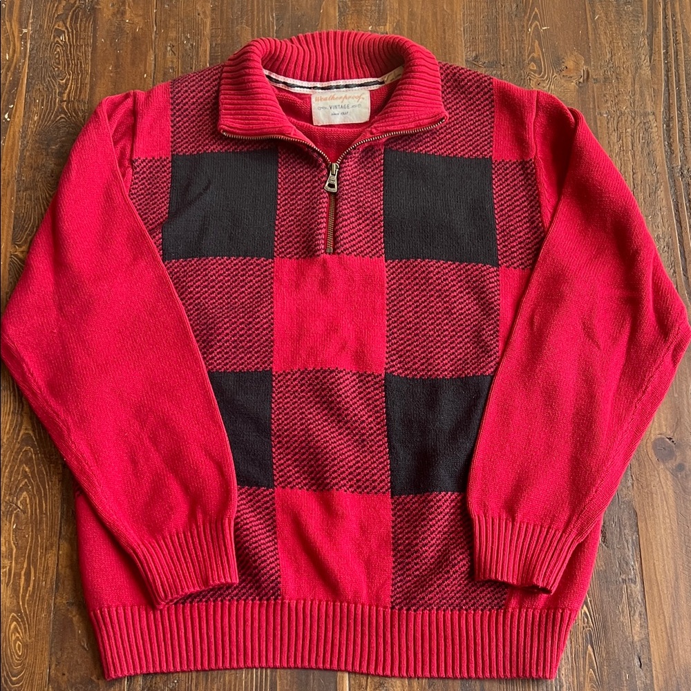 Weatherproof Red and Black Checkered Zip-Up Sweater